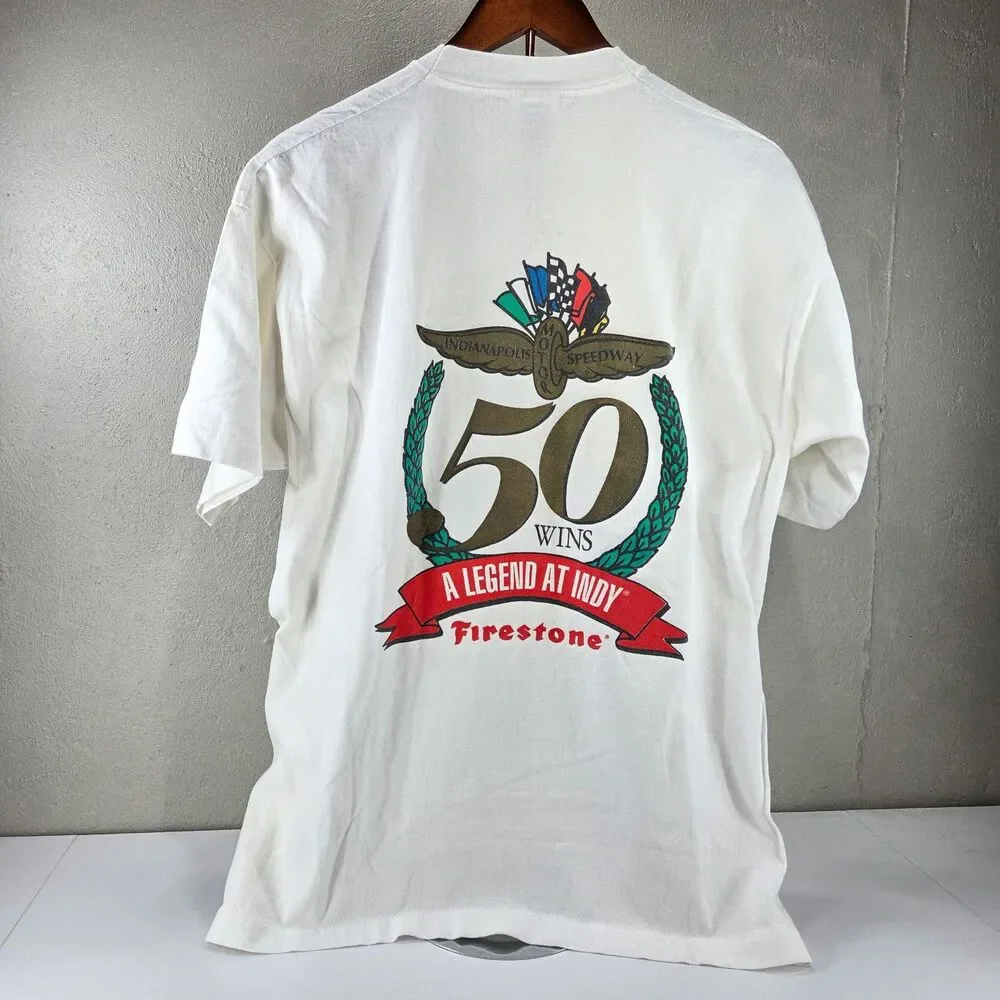 VTG 90s Firestone Racing 50 Wins Indy Fruit of the Loom Single Stitch Tee Sz XL